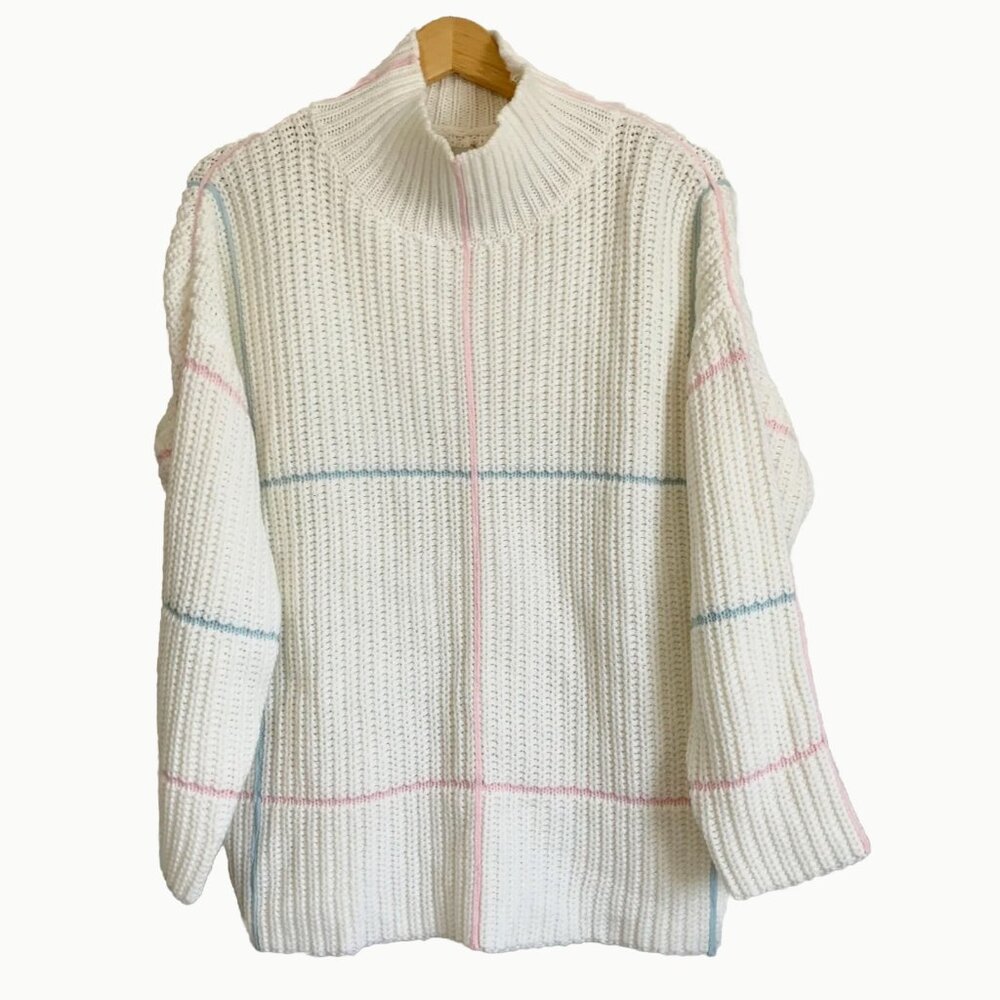 UNIF Ivory Pastel Striped 80s Sweater Medium Mock Neck Oversized Chunky Knit